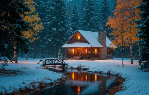 Winter, forest, snow, house, stream, the evening, wallpaper, house