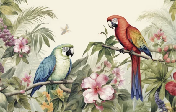 Leaves, flowers, birds, blue, red, nature, tropics, foliage