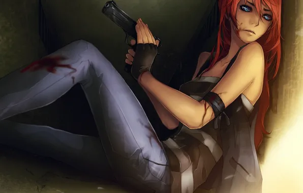 Girl, gun, weapons, wall, blood, art, red, wound