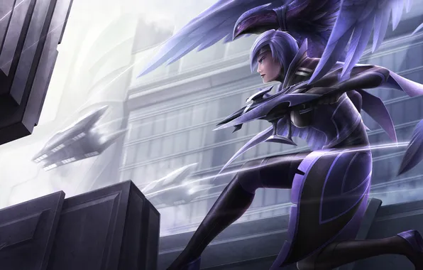 Picture girl, the city, weapons, bird, ship, art, League of Legends, Valor