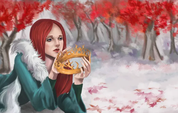 Picture leaves, girl, trees, crown, fur, lying