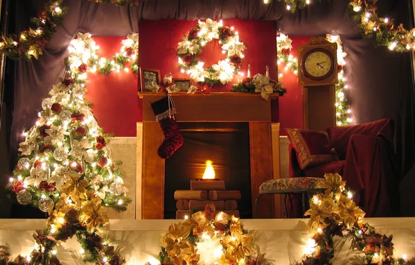 Decoration, lights, room, holiday, tree, new year, fireplace