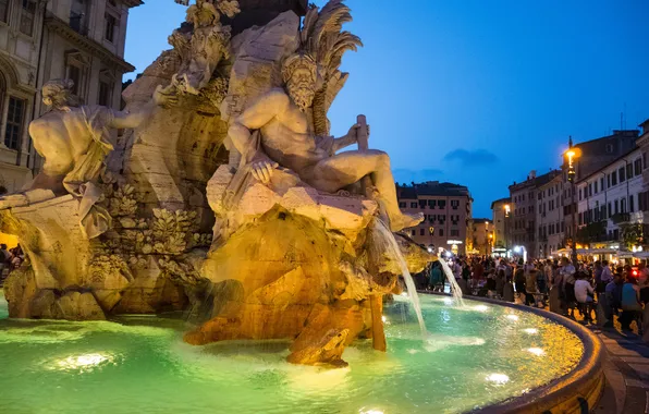 Picture lights, people, the evening, Rome, Italy, Piazza Navona, fountain of the four rivers, Bernini