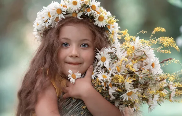 Picture look, flowers, face, chamomile, bouquet, girl, wreath, long hair