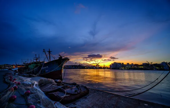 The sky, sunset, network, the city, lights, river, home, the evening