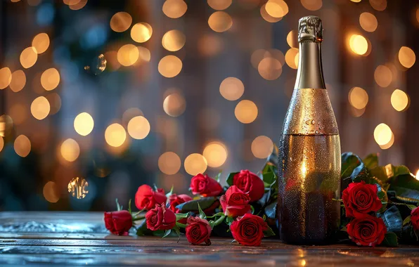 Flowers, lights, holiday, wine, bottle, roses, bouquet, red