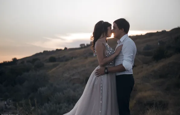 Girl, sunset, nature, pose, kiss, dress, male, lovers