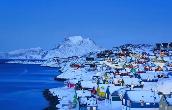 Winter, sea, snow, mountains, lights, home, Greenland, Nuuk