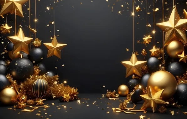 Stars, balls, the dark background, gold, Shine, sequins, Christmas, New year
