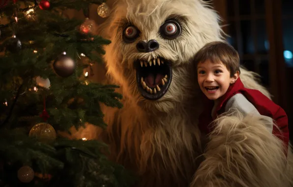 Boy, Monster, Smile, Christmas, New year, Tree, Toys, Joy