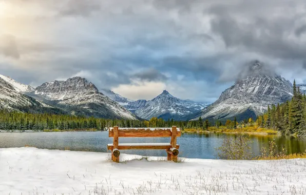 Picture mountains, lake, bench