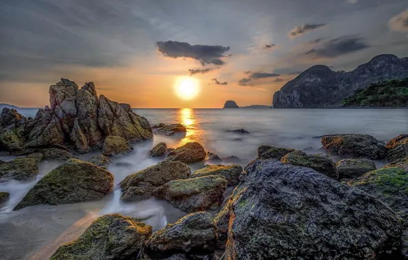 Sea, sunset, rocks, Thailand