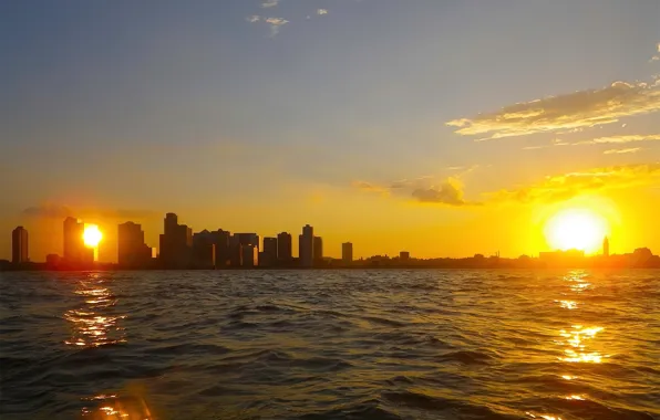 Sunset, The sun, The sky, Sea, The city, Twilight