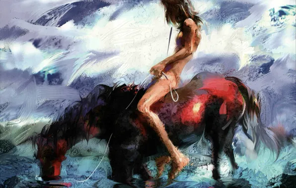 The sky, horse, guy, sitting, drink, Zhang Bin, naked man, on horseback