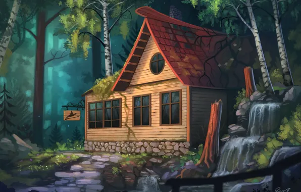 Waterfall, tale, track, sign, cottage, art, in the woods, wooden house