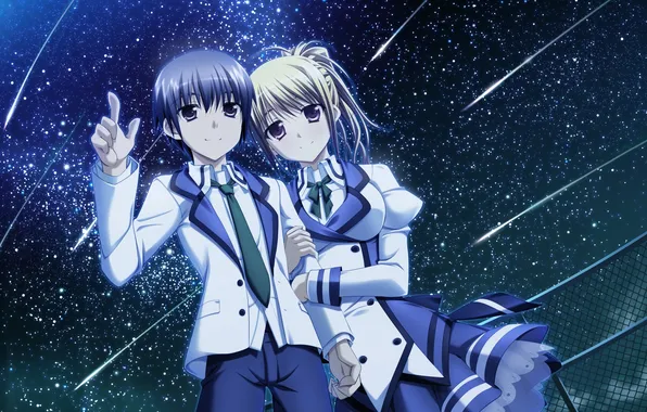 The sky, girl, stars, night, the fence, art, guy, Dp Minase