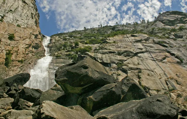 Clouds, trees, mountains, stones, photo, waterfall