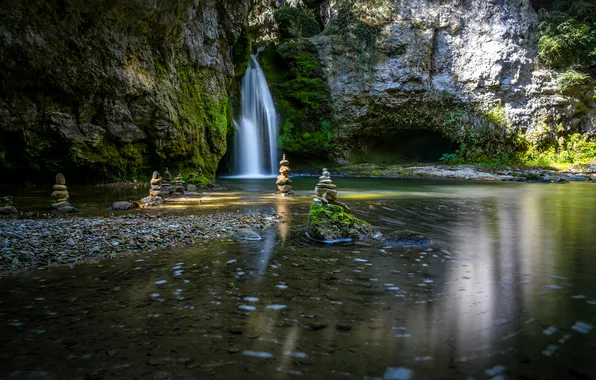 Nature, waterfall, Switzerland, sculpture, Tine de Conflens, La Sarraz