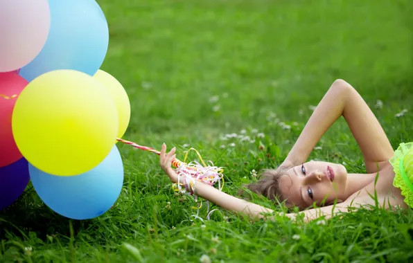 Grass, girl, balloons, clover, brown hair, blue-eyed