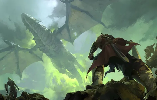 Picture sword, fantasy, Dragon, wings, artwork, warrior, fantasy art, creature