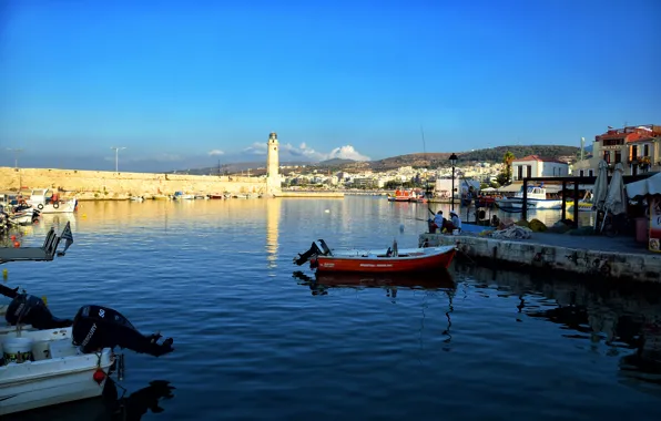 Sea, fishing, lighthouse, boats, Greece, Rethymno, Crete