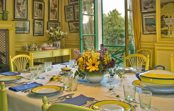 Flowers, room, interior, pictures, fireplace, vases, dining room, Dining room of Claude-Monet