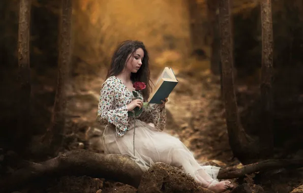 Picture forest, girl, rose, book, reading, Carmen Gabaldon