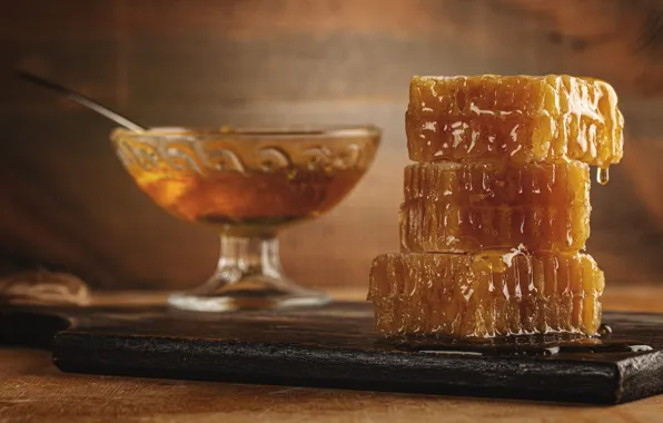 Glass, cell, honey, bokeh, ramekin, cutting Board
