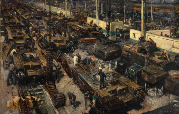 Oil, picture, canvas, the artist Terence Cuneo, "The production of tanks in Britain"