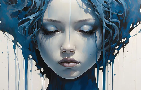 Picture look, girl, portrait, picture, stains, painting, blue hair, AI art