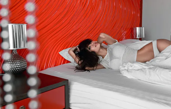Girl, pose, lamp, bed, bed, Anton Kharisov