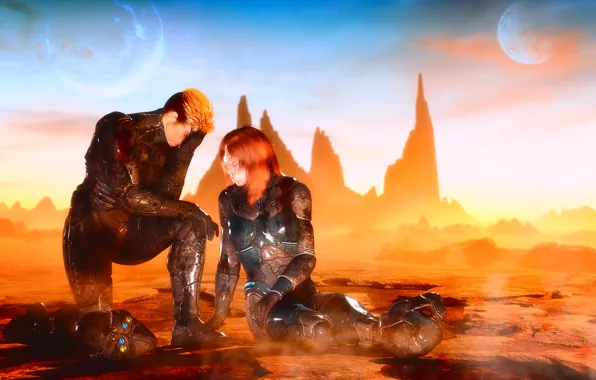 Girl, Future, Space, Planet, Guy, Warriors, Shatenka, The girl in armor