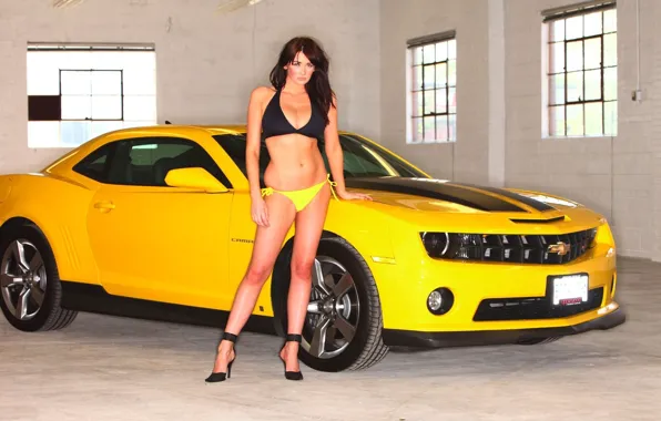 Look, girl, garage, Chevrolet, Erotic, yellow car