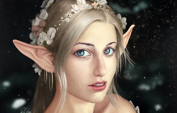 Picture look, flowers, face, background, hair, art, elf, Fantasy