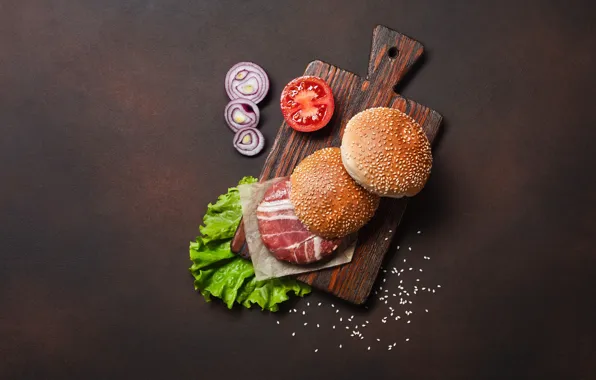 Picture bow, meat, hamburger, buns, cutting Board