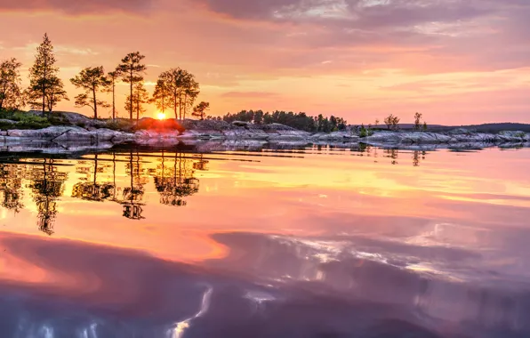 The sky, clouds, trees, sunset, lake, reflection