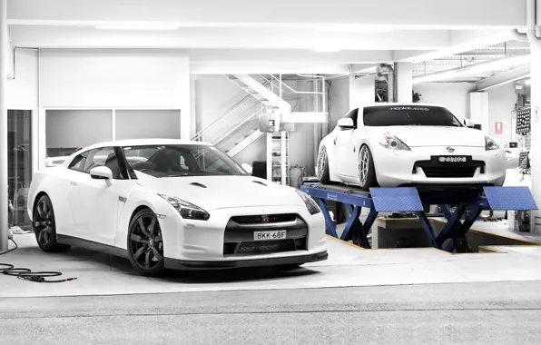 Picture white, tuning, garage, Nissan, two, Nissan, gt-r, 370z