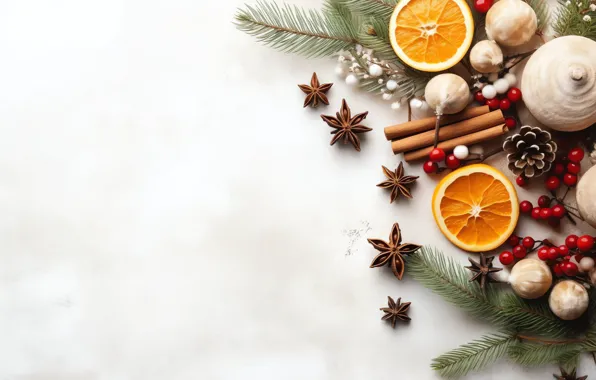 Branches, oranges, Christmas, white background, New year, fruit, needles, circles