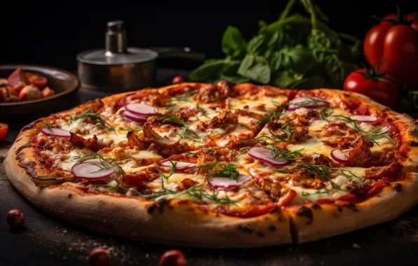 The dark background, table, food, cheese, dill, meat, dishes, vegetables