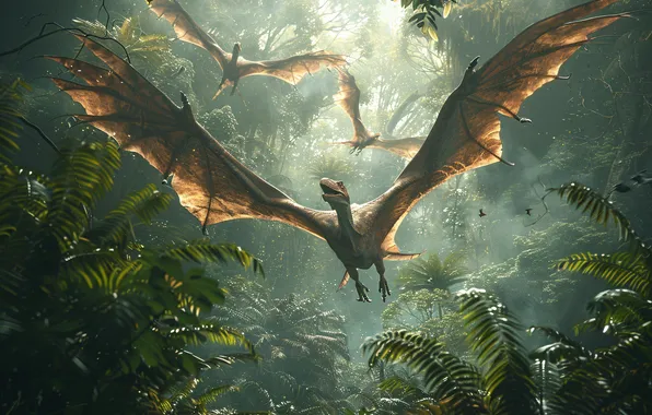 Flight, Wings, Jungle, Animals, Digital art, Dinosaurs, Pterodactyls, Ancient animals