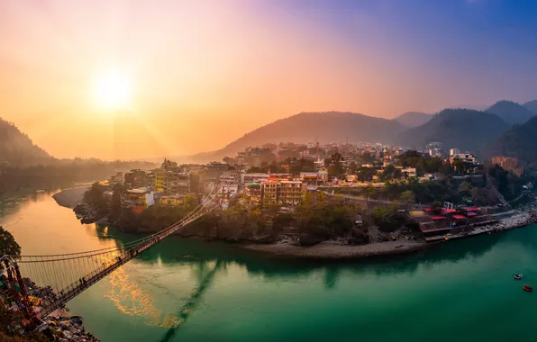 The city, river, Sunset, The sun, India, Sunset, Uttarakhand, Rishikesh