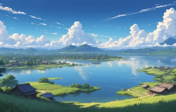Summer, sky, landscape, anime, mountains, clouds, lake, horizen