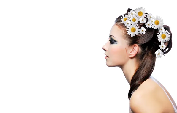 Girl, flowers, chamomile, profile, blush, brown hair, charm, long-haired