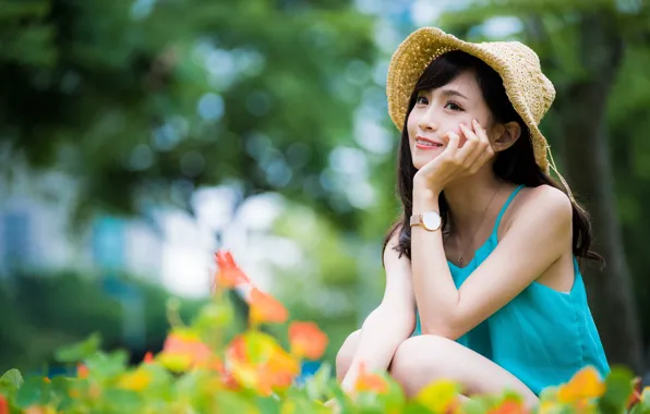 Girl, hat, Asian, bokeh