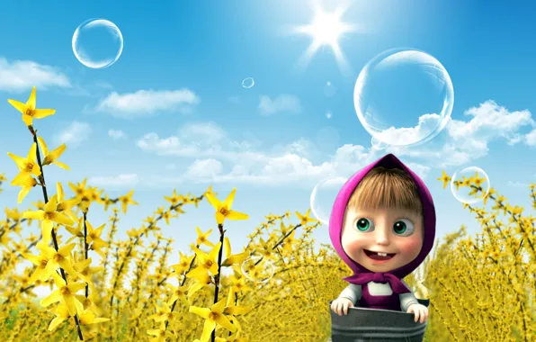 Picture The SKY, CLOUDS, FLOWERS, BUBBLES, SOAP, CARTOON, MASHA AND THE BEAR, MASHA