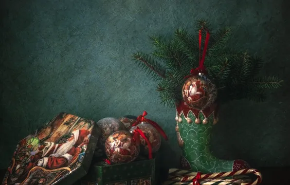Balls, branches, table, holiday, box, gift, bouquet, sock
