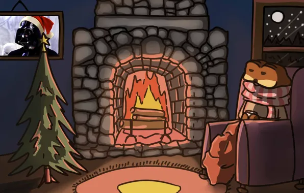 Night, fire, flame, carpet, figure, tree, new year, Christmas
