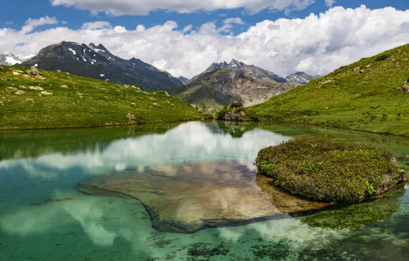 Clouds, mountains, lake, shore, vegetation, stone, the slopes