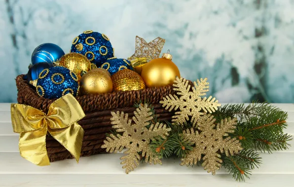 Picture Branches, Balls, Basket, Snowflakes, New year, Holiday, Bow