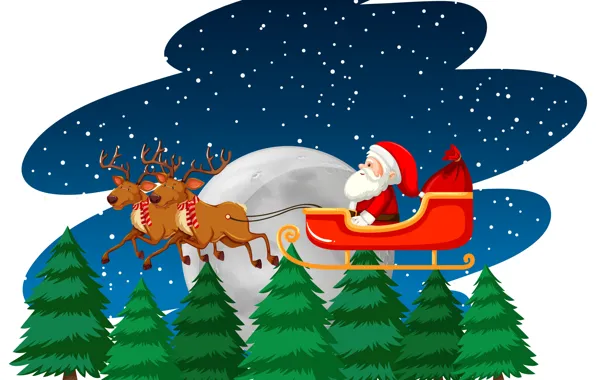 Winter, Night, Snow, Christmas, New year, Santa Claus, Deer, Tree